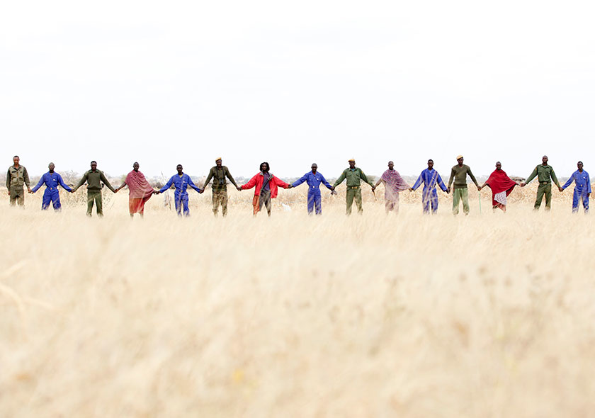 Human-Wildlife-Conflict-Team-in-blue -Village-Game-Scouts-in-Green -and-Maasai-community-members-in-red---a-human-chain